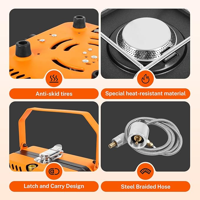 Dollate 2-Burner Propane Stove with Griddle and Carrying Bag Portable Foldable Camping Stove with 2 Adjustable Burners 16000 BTUsfor Camping Tailgating Essentials Gear (Orange)
