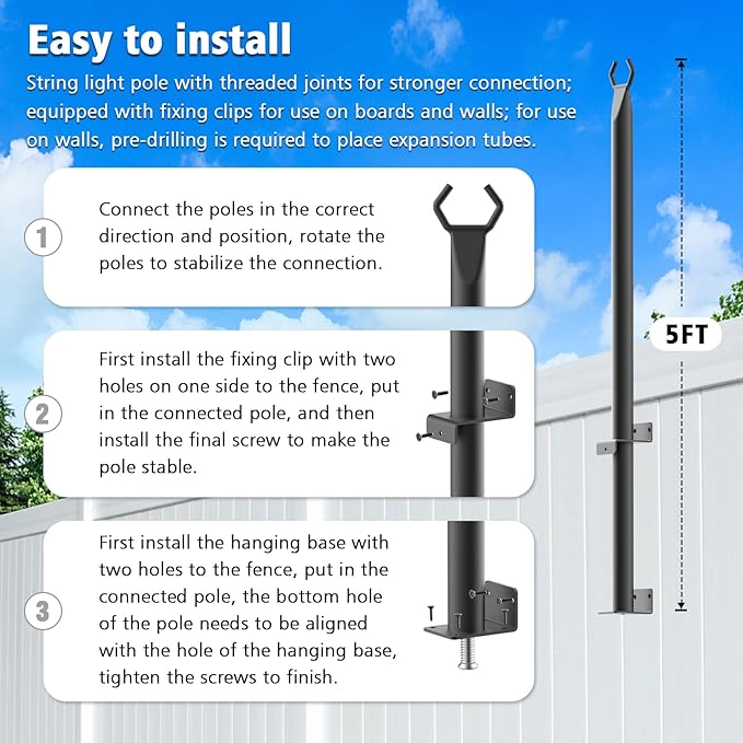10 Pack String Light Poles for Deck5 Ft String Light Poles for Outside with Fixing ClipsMetal Poles for Outdoor String Lights Hanging Light Poles for Fence Garden Backyard Wall Bistro