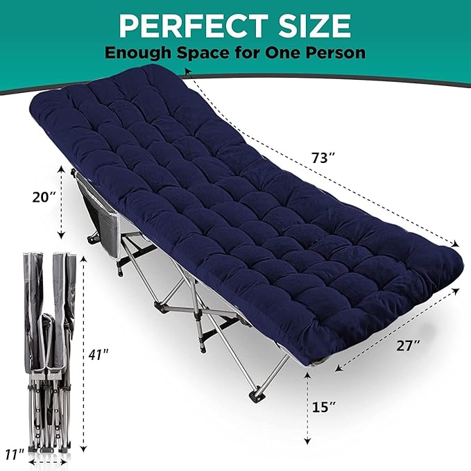 ZONETECH Folding Outdoor Camping Travel Cot and Pad - Premium Quality Lightweight Portable Heavy Duty Adult &amp Kids w/Large Pocket and Cushion (Gray &amp Blue 1-Pack)