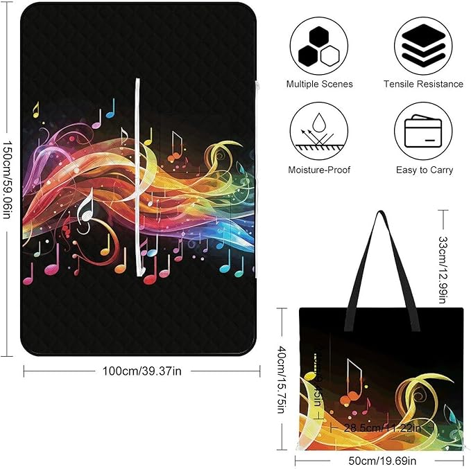 Zipper Rainbow Musical Note Melody Style Picnic Mat Suitable for Travel Camping Park Or Home Use