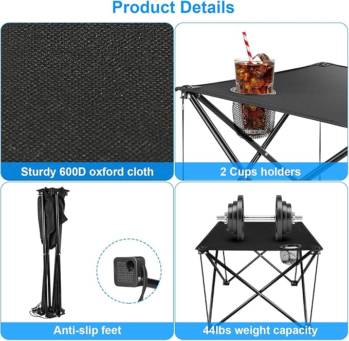Folding Camping Side TableOutdoor Portable Camping Table W/2 Cup Holders&ampCarrying BagSteel Frame600D Oxford FabricLightweight Foldable Table for Beach Picnic Hiking Fishing