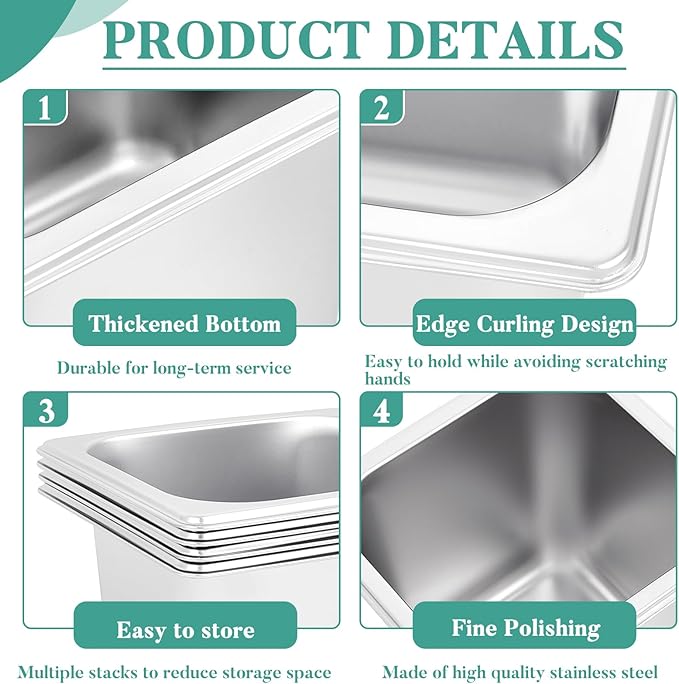 Jinei Steam Table Pan 1/6 Hotel Pan Stainless 201 Steel Size 6'' Deep Storage Catering Metal Commercial Food Pans for Kitchen Restaurant Buffet Party Supplies(8 Pcs)