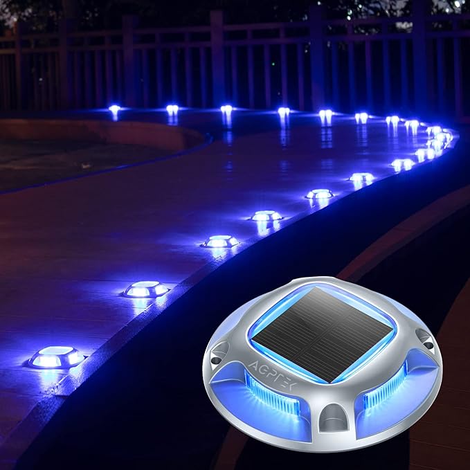 AGPTEK Solar Driveway Lights Outdoor 4 Pack 2 Color Modes LED Deck Dock Marine Waterproof Security Marker Lights for Step Sidewalk Stair Garden Pathway Walkway Yard(Blue Light/Cool White)