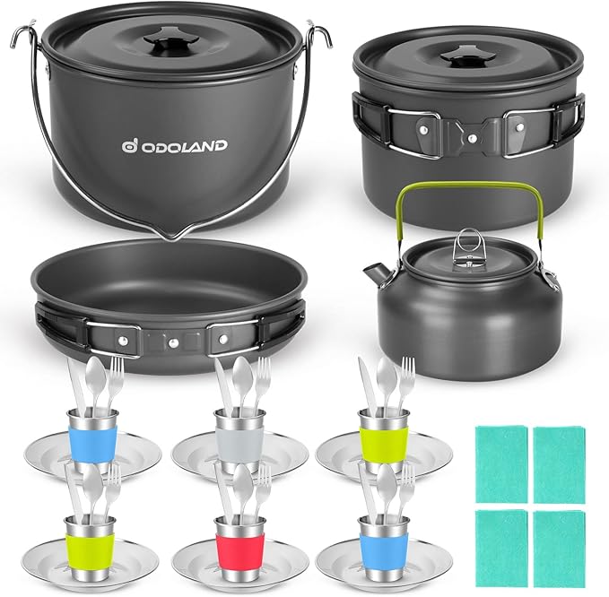 Odoland 39pcs Camping Cookware Mess Kit Non-Stick Large Size Hanging Pot Pan Kettle with Base Dinner Cutlery Sets for 6 and More Cups Dishes Forks Spoons Kit for Outdoor Camping Hiking Picnic