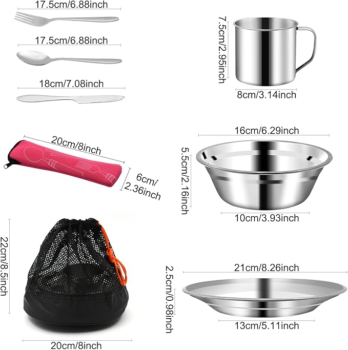 29pcs Stainless Steel Utensils Camping Tableware Kit with Bowls Plates Cups Forks Spoons and Knives for 4 Reusable Camping Flatware