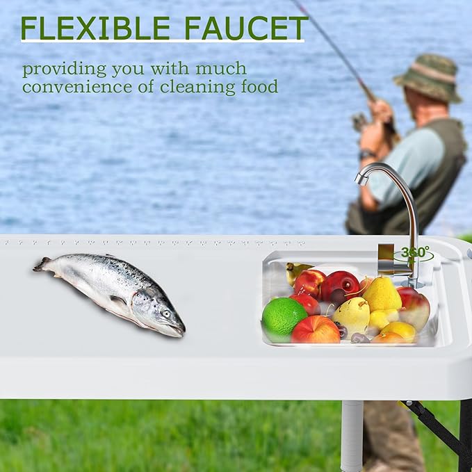 Folding Fish Cleaning Table with Sink Portable Camping Sink Table with Measure Mark Drainage Hose and Knife Groove Outdoor Fish Fillet Cleaning Station for Picnic Fishing White
