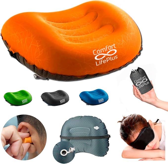 Ultralight Inflatable Camping Travel Pillow - Compressible Compact Comfortable Ergonomic Inflating Pillows for Neck &amp Lumbar Support Camp Hiking Backpacking (Orange)