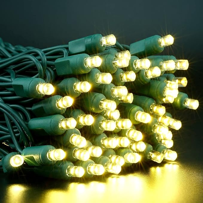 YULETIME Warm White 5MM LED Christmas Lights 50 ft 100 Count 6 Spacing One-Piece High Waterproof Wide Angle UL Certified String Light (6“ Warm White - Green Wire)