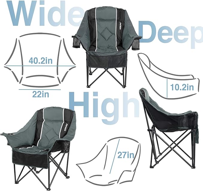 Oversized Camping Chair for Adults - Heavy Duty 400 lbs Padded Folding Chair with Wine Glass Holder 2 Cup Holders &amp Side Pockets Portable Carry Bag for RV Tailgating Lawn