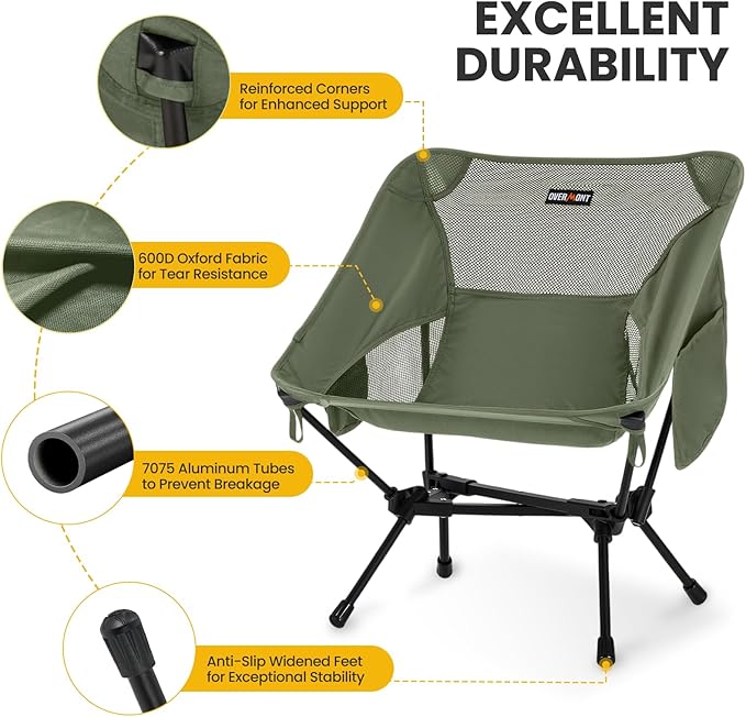 Overmont Ultralight Portable Camping Chair- Lightweight Folding Backpacking Chair Support up to 330Lbs Compact Beach Chair for Adults with Carry Bag for Backpack Hiking Fishing Outdoor Camp 2pcs