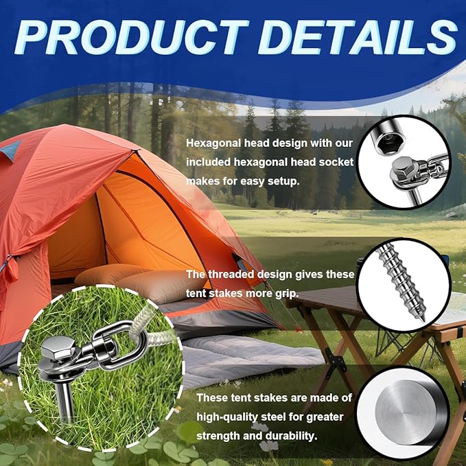 12 Inch Steel Screw in Tent Stakes8 Pack Tent Stakes Heavy DutyGround Anchors Screw inTrampoline Anchor KitSwing Set AnchorsMetal Threaded Camping Stakes with Hex Head Driver&ampStorage Bag
