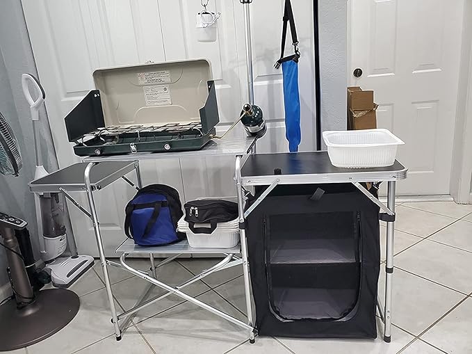 Folding Cooking Table Outdoor Portable Cook Station Aluminum Camping Kitchen with Storage Organizer Windscreen Hooks for BBQ Party (Black)