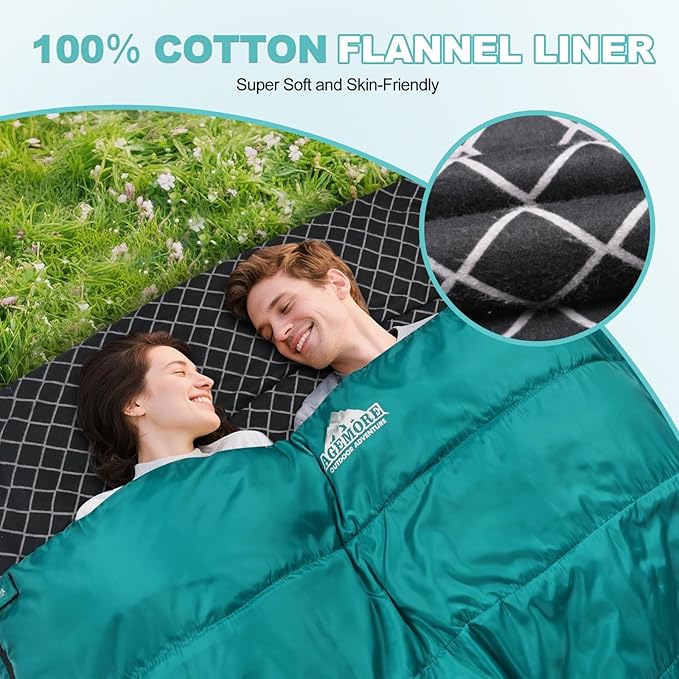 AGEMORE Cotton Flannel Double Sleeping Bag for Camping Backpacking Or Hiking. Queen Size 2 Person Waterproof Sleeping Bag for Adults Or Teens. Lightweight with Compression Sack
