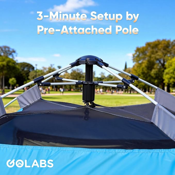 Golabs 3 Person Camping Tent w/ 9.5x8.5 ft Canopy 3-Minute Setup by Pre-Attached Pole PU1500mm Waterproof 4 Side Mesh Tent Top &amp Door &amp Ventilation Portable Family Tent w/Carry Bag &amp P