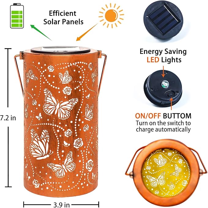 Butterfly Solar Lanterns Outdoor Waterproof Hanging Solar Lights Butterfly Gifts for Women Men Metal Decorative LED Lanterns for Garden DecorYardPatioLawnTabletopPathway