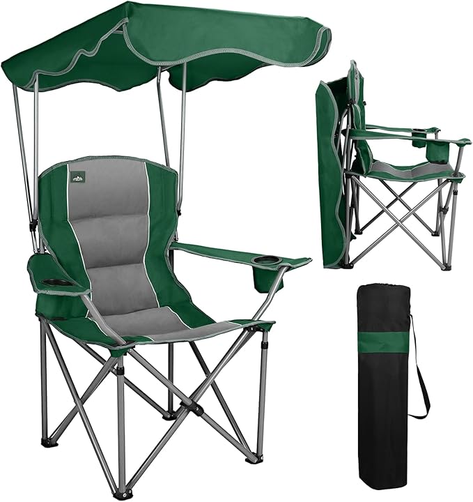 Northroad Folding Camping Chairs with Canopy Shade Beach Chair w/Cup Holders Armrests &amp Carry Bag for Outdoors Travel Sports Fishing Green