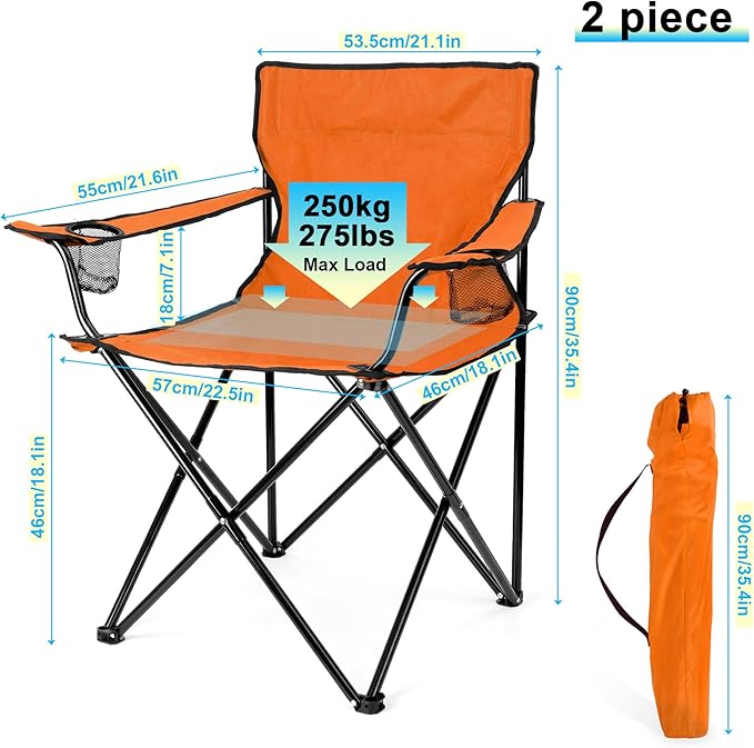 HaSteeL Camping Chair for Adults Folding Beach Chair Set of 2 Large Foldable Portable Chair for Outdoors Fishing Hiking Sporting Travel Picnic Lawn Hold 275lbs &amp A Storage Bags (Orange)
