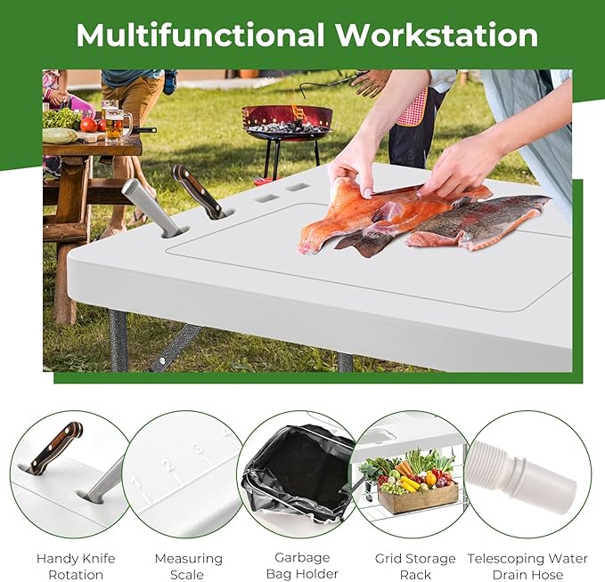 Giantex Fish Cleaning Table w/ 2 Sinks Faucet Hose Hook Up Portable Folding Camping Table w/Measure Mark Outdoor Fillet Cleaning Station for Fishing Beach Picnic (with Sprayer &amp Storage Shelf)