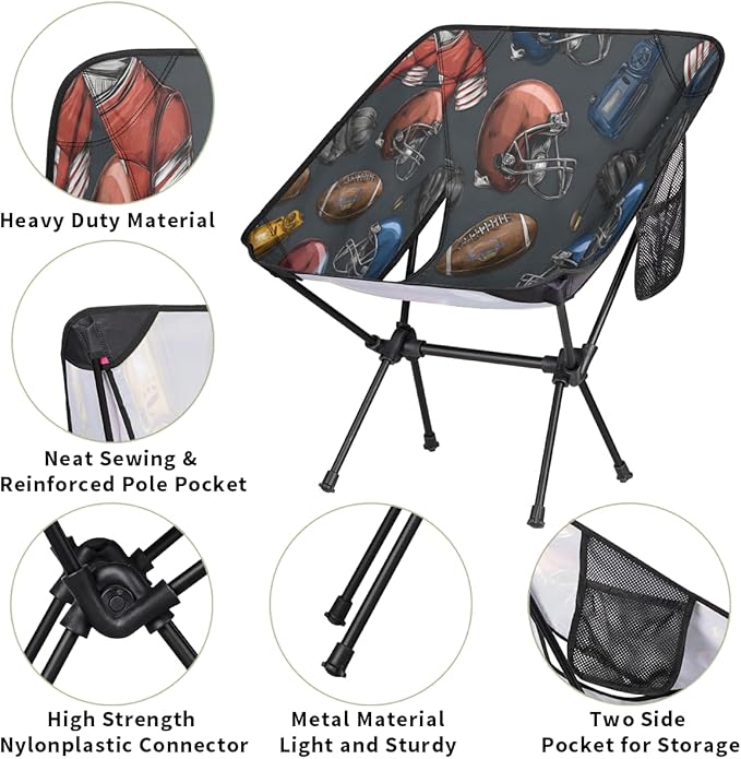 Sport Rugby Themed Camping Chair Folding Backpacking Chair Portable Lightweight Outdoor Chairs with Side Pockets for Hiking Beach Picnic