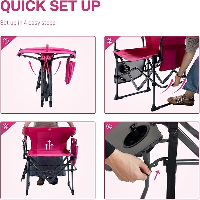 EVER ADVANCED Camping Directors' Chair with Side Table Portable Folding with Compact Size Heavy Duty Lawn Chair with Pocket for Camping Lawn Sports and Fishing 400lbs Pink
