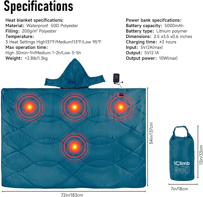 iClimb Heated Camping Blanket with Hood and 5V 5000mAH Battery Pack (Blue)
