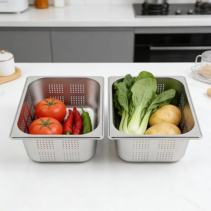 2 Pcs 8L Filtering Pans 6in Deep Anti-Jam Perforated Pan Stainless Steel Steam Pan Filter Basket 1/2 Vegetable Fruit Wash Basin Food Pan Chafing for Hotel Catering Kitchen Restaurant