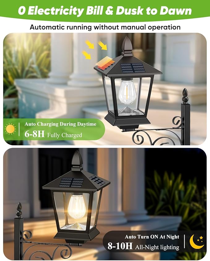 2 in 1 Outdoor Flower Pots 35” Solar Lamp Post Light with Planter Metal Pole &amp IP65 Waterproof Freestanding Outdoor Planters Decorative Solar Lamp for Outside Front Door Yard 1-Pack
