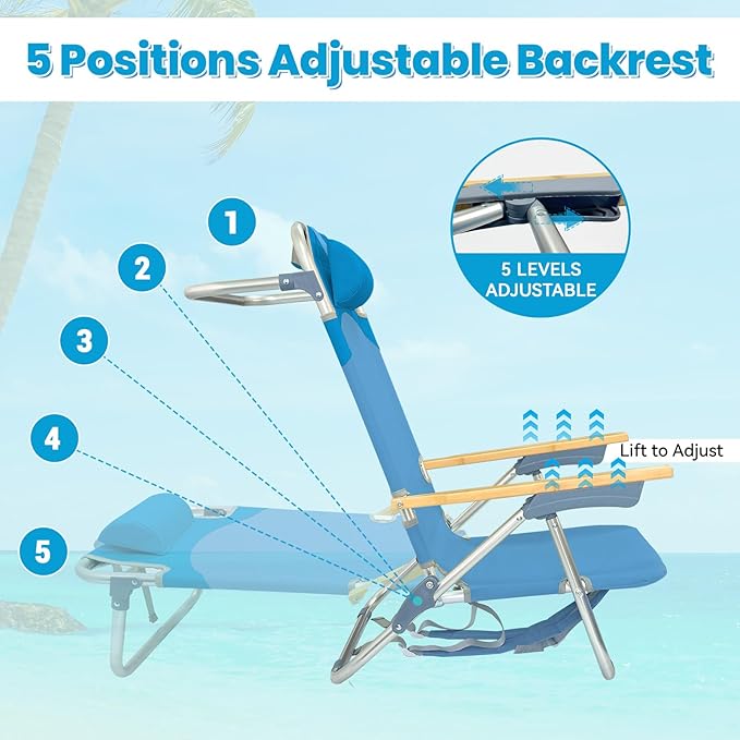 2 Pack Low Backpack Beach Chair with Folding Bamboo Table for Adults 5-Position Lay Flat Reclining Chair Lightweight with Cooler Bag Supports 265 lbs