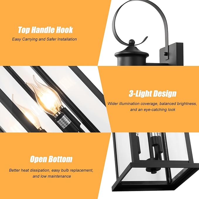 Large Outdoor Wall Light Fixture: 24in Black 3-Light Modern Porch Lantern Waterproof Exterior Lighting Sconce Wall Mount Outside Lamp for House Garage E12 Base
