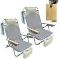 2 Pack Low Backpack Beach Chair with Folding Bamboo Table for Adults 5-Position Lay Flat Reclining Chair Lightweight with Cooler Bag Supports 265 lbs