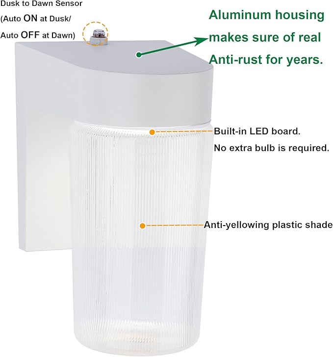 LIT-PaTH Dusk to Dawn Outdoor Wall Lantern LED Jelly Jar Light 11W 800 Lumens 5000K Daylight White Aluminum Housing Plus Clear Shade Matte White Finish 2-Pack