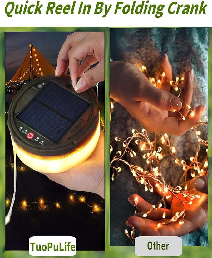 Solar Camping String Lights 39.4 FT Fairy String Light 4 in 1 Portable Waterproof Camp Lamp with 8 Lighting Modes Hanging Rechargeable Tent Lantern for Christmas Decorations Patio Party Essentials