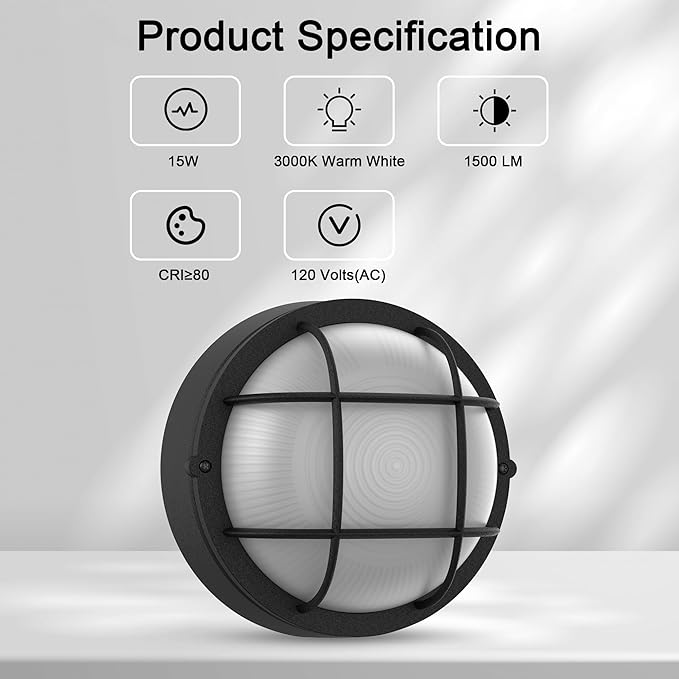 8 Inch Black Round Bulkhead LED Light Set of 2Nautical Outdoor Lights Black Round LED Sauna Light 3000K1500LM15W Outdoor 8 Nautical Bulkhead Wall Lights