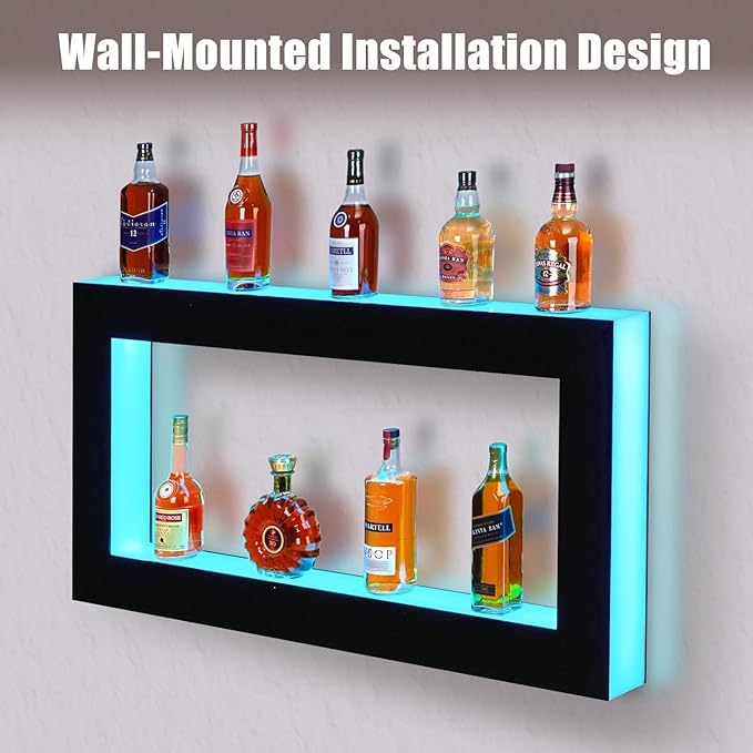 Elegant Wall-Mounted LED Wine Bottle Display Rack – 24-Inch Rectangular 2-Layer Acrylic with Dynamic Lighting Remote &amp App Control (Mobile Connectivity) Premium Quality Materials
