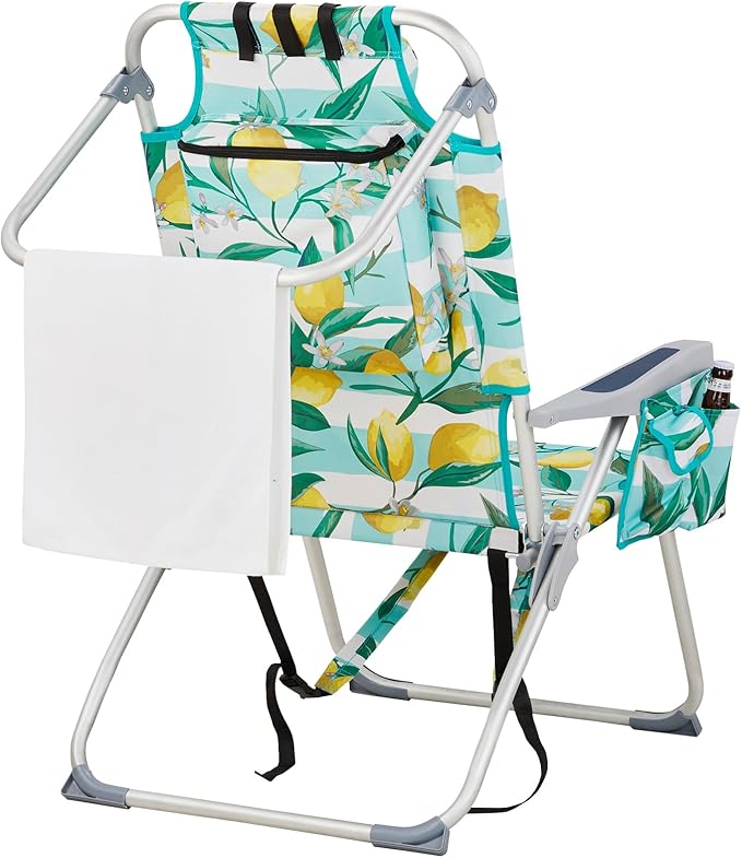 Folding Tall Backpack Beach Chair with 5 Positions Towel bar Storage Pouch Cup HolderFolding Beach Camping Chair (Lemon)