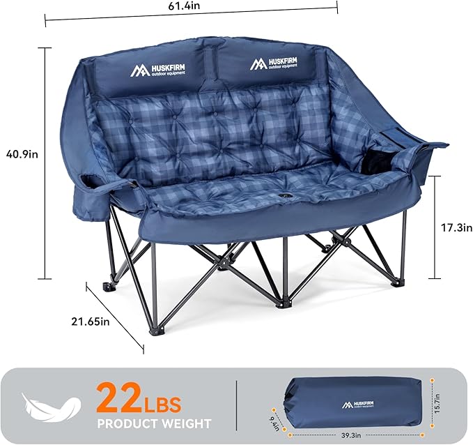 Padded Double Camping Chair High Back 2 Person Camping Chair Oversized Camping Loveseat Support 800LBS Heavy Duty Camping Couch with Cup Holders Cooler Carry Bag Blue