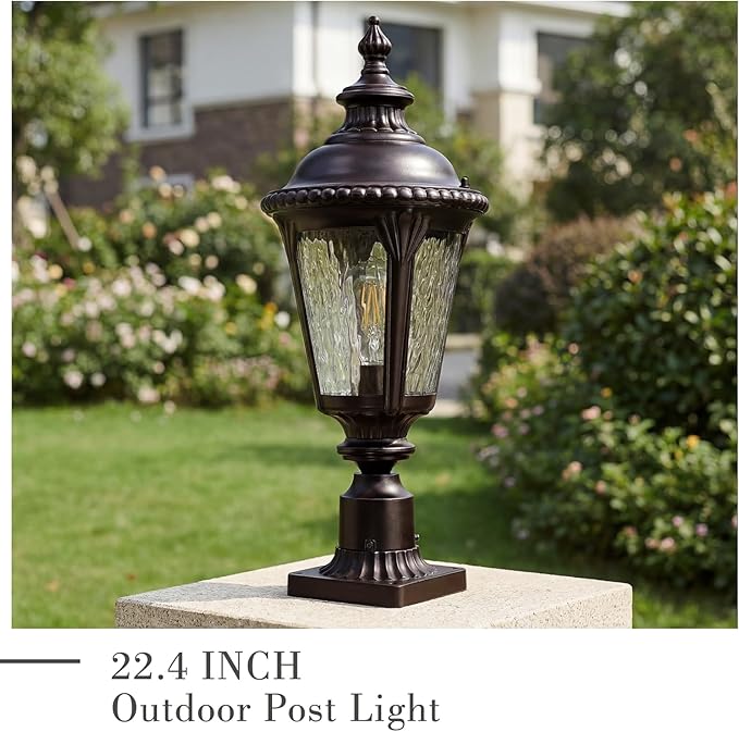 Emliviar 22.4 Inch Modern Exterior Post Lantern with Water Ripple Glass Oil Rubbed Bronze Lamp Post Outdoor Lighting E26 Base 60W Max XE265P-M ORB-SW