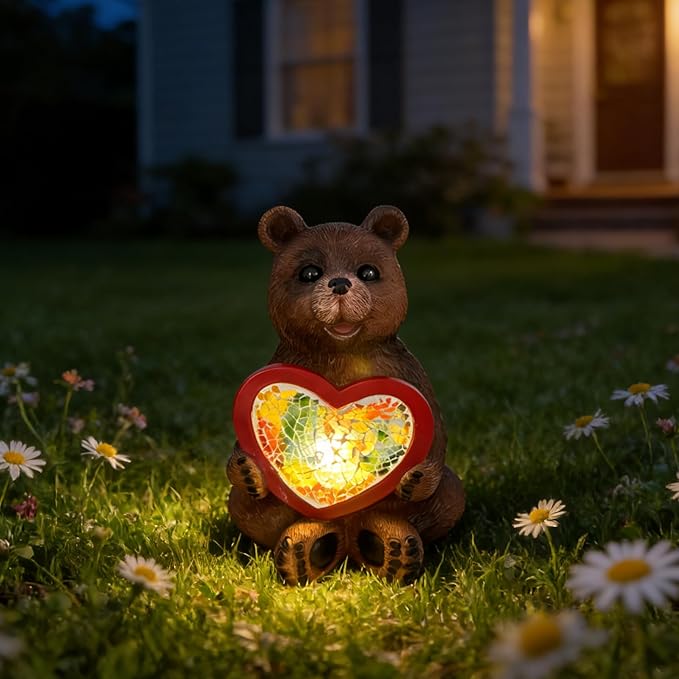 Solar Bear Garden Statues Decor for Outdoor Brown Bear Figurine Lights for Lawn Patio Yard Decoration - Unique Christmas Housewarming Gift for Grandma Wowen Mom