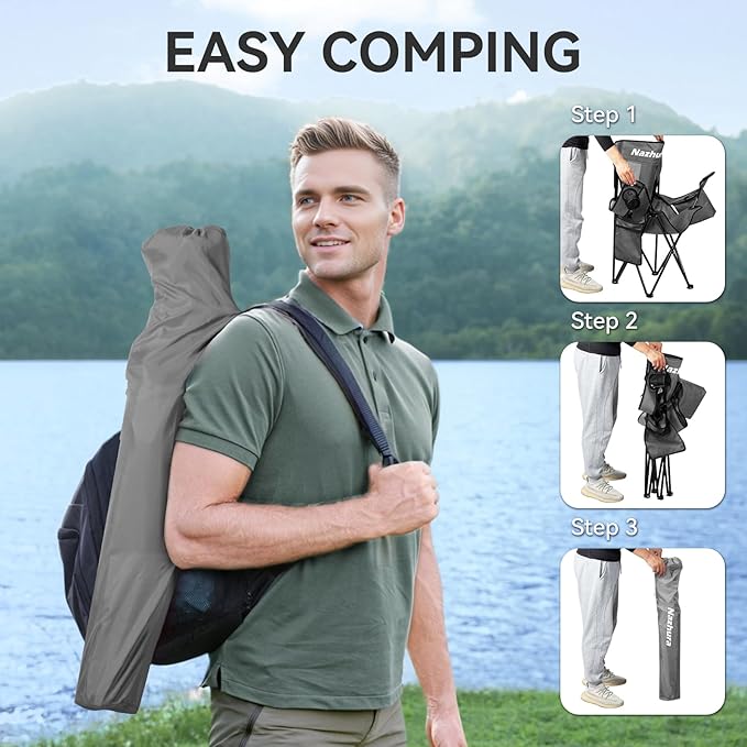 Nazhura 4 Pack Outdoor Camping Chairs Folding/Foldable/Portable with Cooler Pouch Mesh Backrest and Cup Holder Pocket(Grey) (Grey 4 Pack)