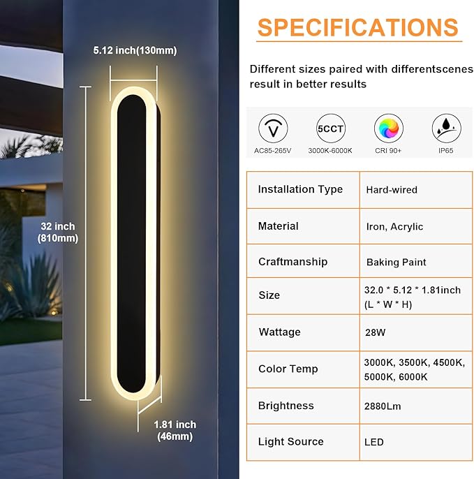 2-Pack 32in LED Outdoor Wall Light Fixtures IP65 Waterproof Modern Outdoor Wall Sconces Black Linear Exterior Light Fixtures 3000K-6000K LED Porch Lights for House Patio Courtyard Balcony