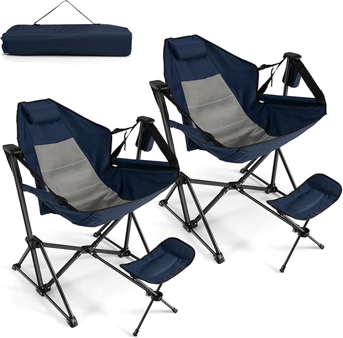 KOTEK Hammock Chair Portable Camping Chair with Retractable Footrest Adjustable Backrest Headrest Cup Holder &amp Carry Bag Folding Rocking Chair for Outdoor Lawn Patio Travel Picnic Fishing (Na