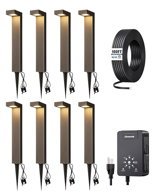 DEWENWILS 12V Landscape Lighting kit 1x120W Transformer with Dusk to Dawn Photocell Sensor+8x3.2W Aluminum Low Voltage Pathway Lights 100FT Wire+8 Pack Connector for Patio Yard Garden