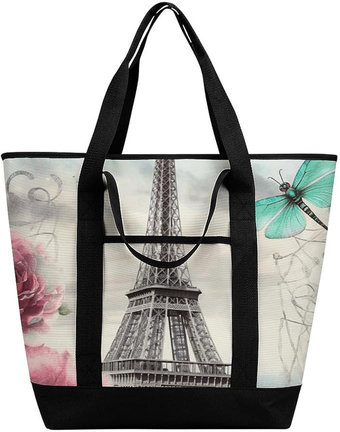 Insulated Shopping BagLarge Reusable Cooler Bags Dragonfly French Tower Printed Foldable Shopping BagTravel Waterproof Shoulder Bag