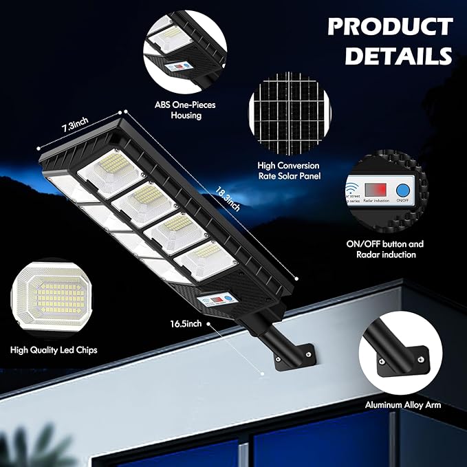 VUAA 4 Pack Solar Street Lights Outdoor Waterproof 10000LM 448 LEDs LED Parking Lot Lights Dusk to Dawn Solar Flood Light with Motion Sensor and Remote Control for Area Lighting Yard 6500K