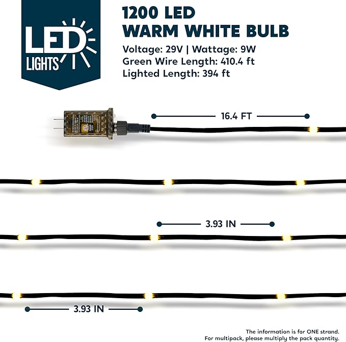 Joiedomi 1200 LED Christmas Lights Outdoor394 FT Warm White Christmas Tree Lights with 8 Modes Timer PVC Green Wire String Lights with Reel for Indoor Outdoor Holiday Xmas Eve Night Decorations