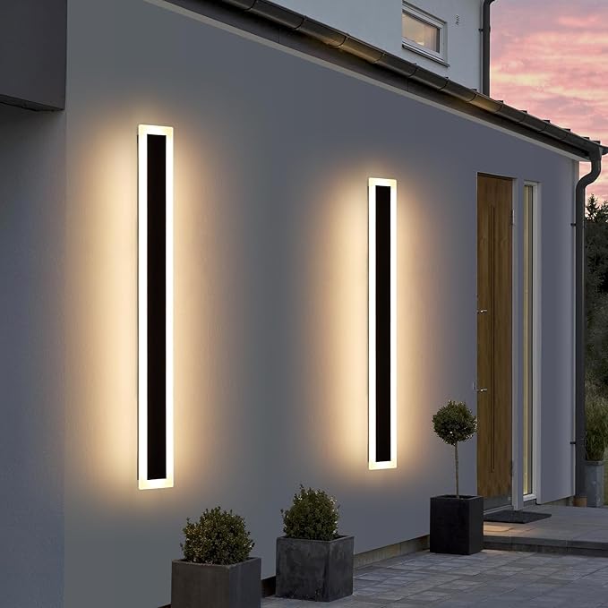 Upgrade Widened 2 Pack 57inch Long Modern Outdoor Wall Light Dimmable 3000K-6000K IP65 Waterproof Exterior Wall Sconces 50W Black LED Wall Mount Light for Home Yard Garden with Remote Control