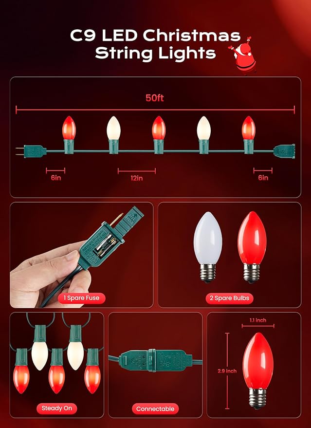 C9 LED Christmas Lights Outdoor 50 FT 50 Red and Warm White Connectable C9 String Lights for Christmas Tree Patio Roofline Garden Backyard Holiday Party Indoor Outdoor Decoration Green Wire