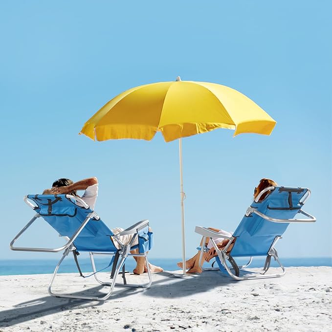 5-Position Folding Low Backpack Beach Chair with Headrest &amp Cup Holder - Portable Aluminum Reclining Camping Chair with Storage Bags Adjustable Recline - Lightweight &amp Compact (Low Blue)