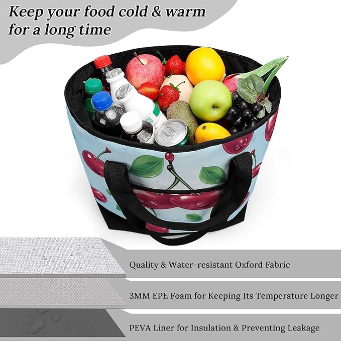 Insulated Shopping BagLarge Reusable Cooler Bags Cherry Printed Foldable Shopping BagTravel Waterproof Shoulder Bag