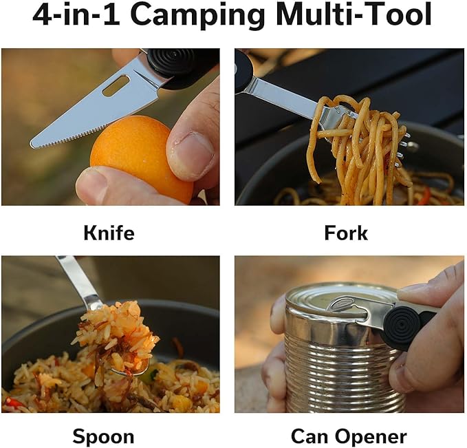 CIVIVI Partake 4-in-1 Camping Utensil Detachable Stainless Steel Folding Knife Fork Spoon &amp Bottle Opener Multi-Tool with Waxed Canvas Pouch for Travel Camping Hiking C24032C-1 Black